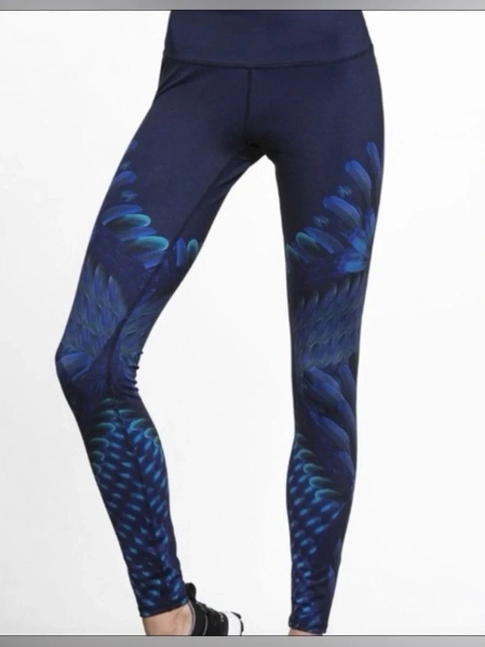 Alo Yoga Airbrush Yoga Leggings teal peacock feather pattern